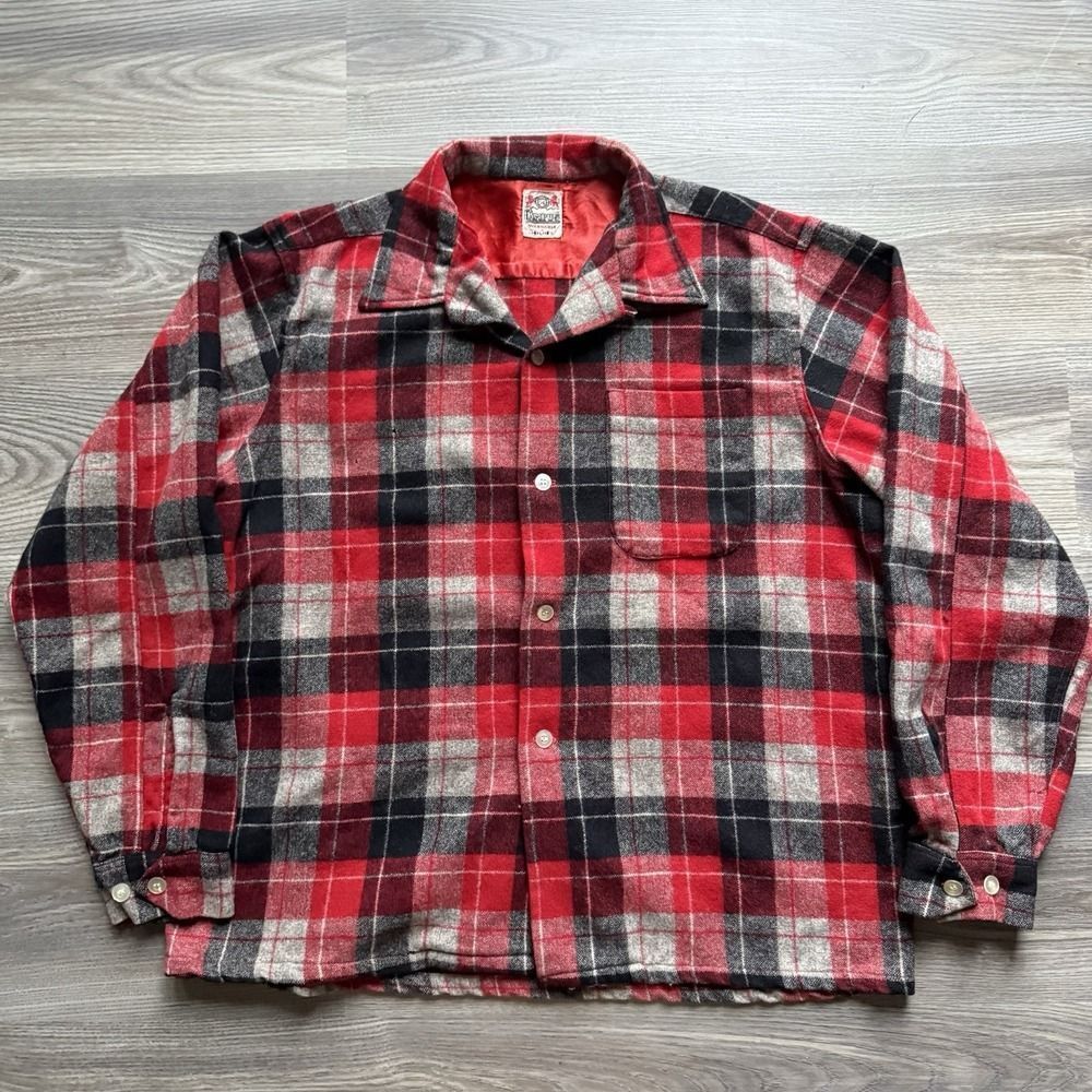 Vintage 60s Campus Plaid Flannel Shirt Loop Collar Medium Wool Blend Camp